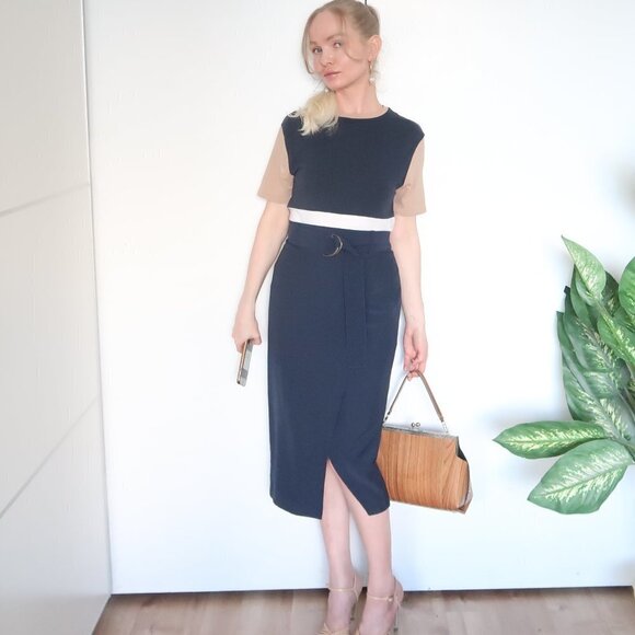 Zarina Smart Navy Blue False Wrap Midi Career Pencil Skirt With Belt S - Picture 5 of 16